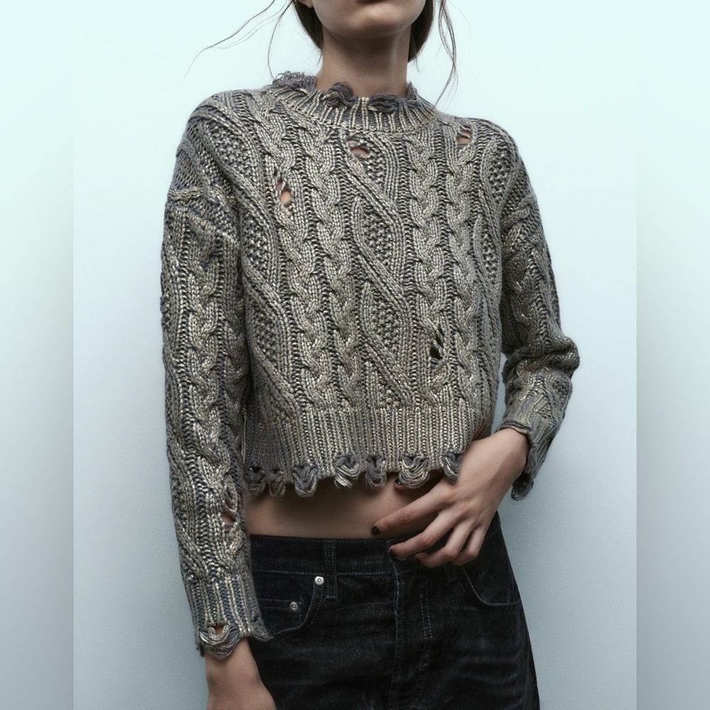 Zara Gray Cable Knit - Gold Metallic Distressed Sweater